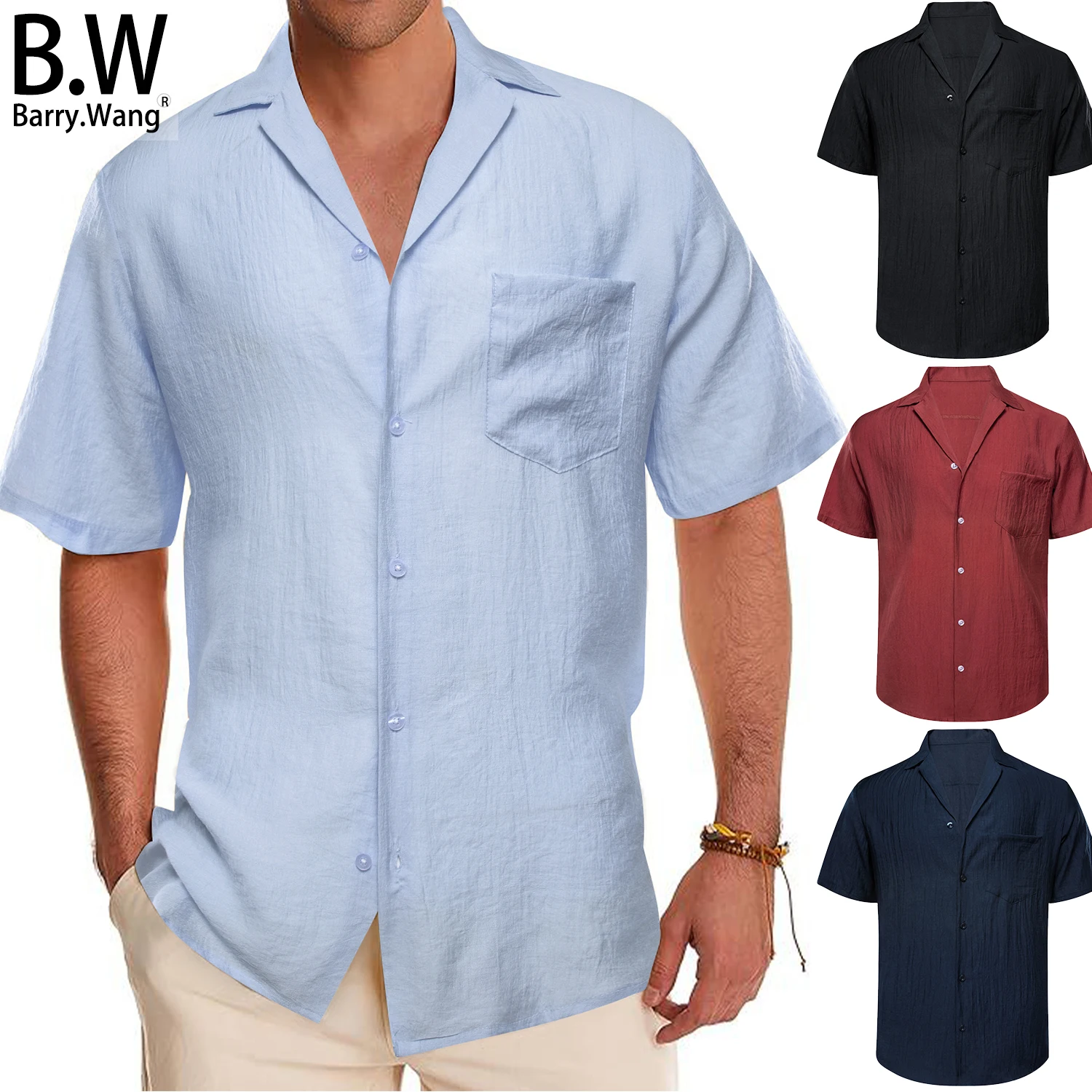 Barry.Wang Silk Polyester Shirts for Men Jacquard Solid Short Sleeves Slim Male Blouses Shirt Hawaii Summer Breathable Soft Gift