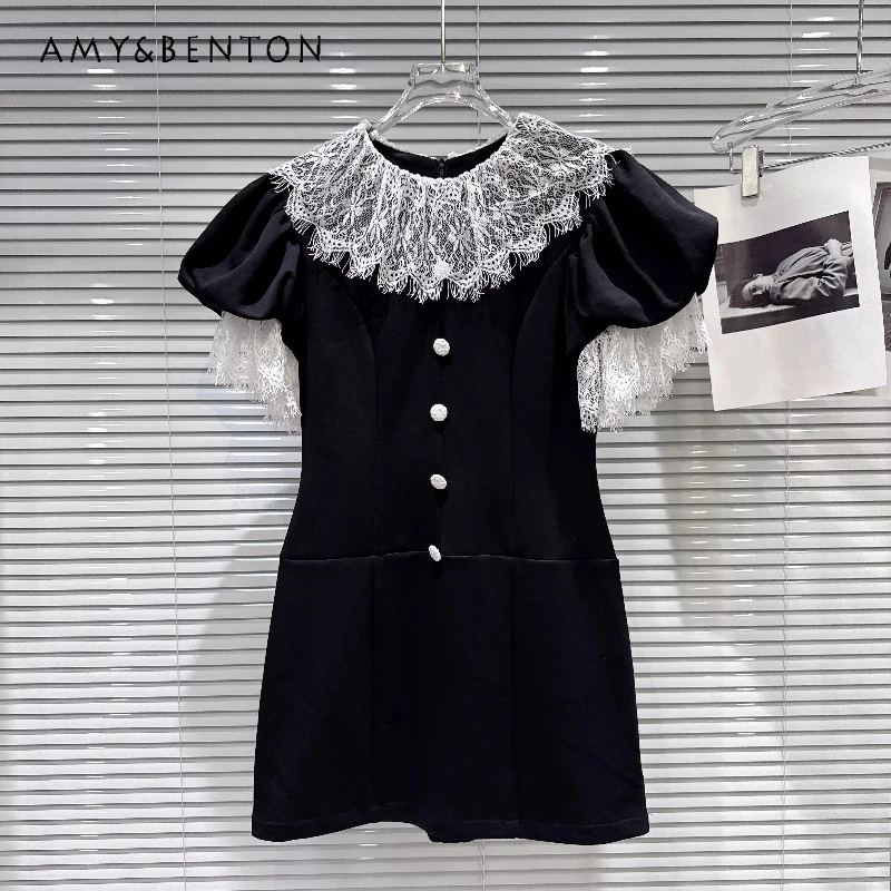 

French Retro Dark Lace Collar Splicing Women's Dress 2026 Spring Summer Fashion Temperament Waist Short-sleeved Dresses Ladies