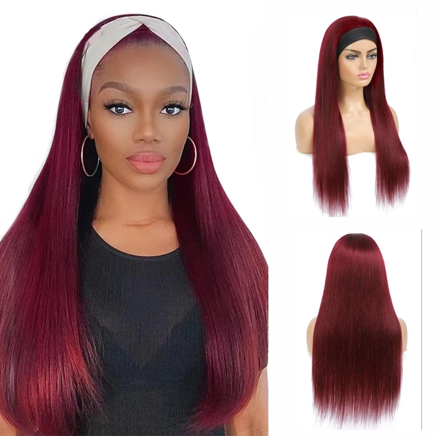 99J Burgundy Colored Wig With Band Bone Straight Headband Wig 100% Human Hair Wine Red Full Machine Made Wig Beginners-Friendly