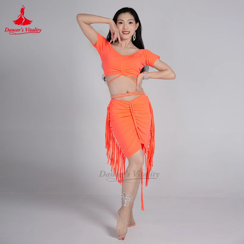 Belly Dancing Costume Set V-neck Short Sleeved Top+sexy Tassel Skirt 2pcs Girls' Oriental Dance Professional Training Clothes