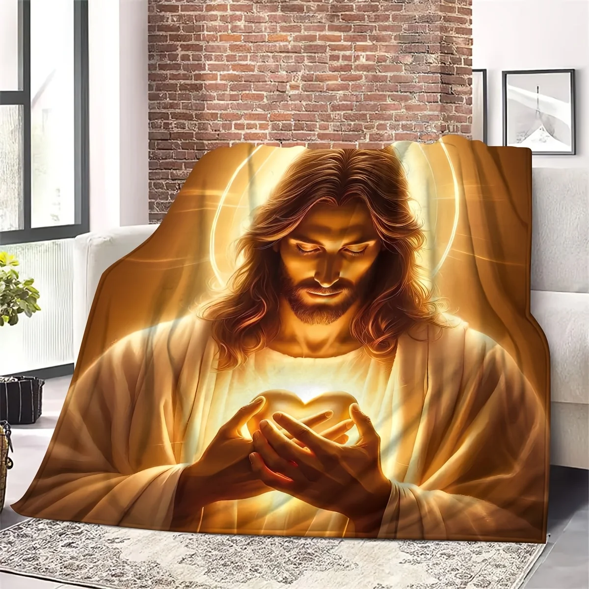 1pc Contemplative Jesus Printed Flannel Blanket, Soft Warm Throw for Sofa, Office Chair,, Outdoor Camping, Travel & Car - All Se