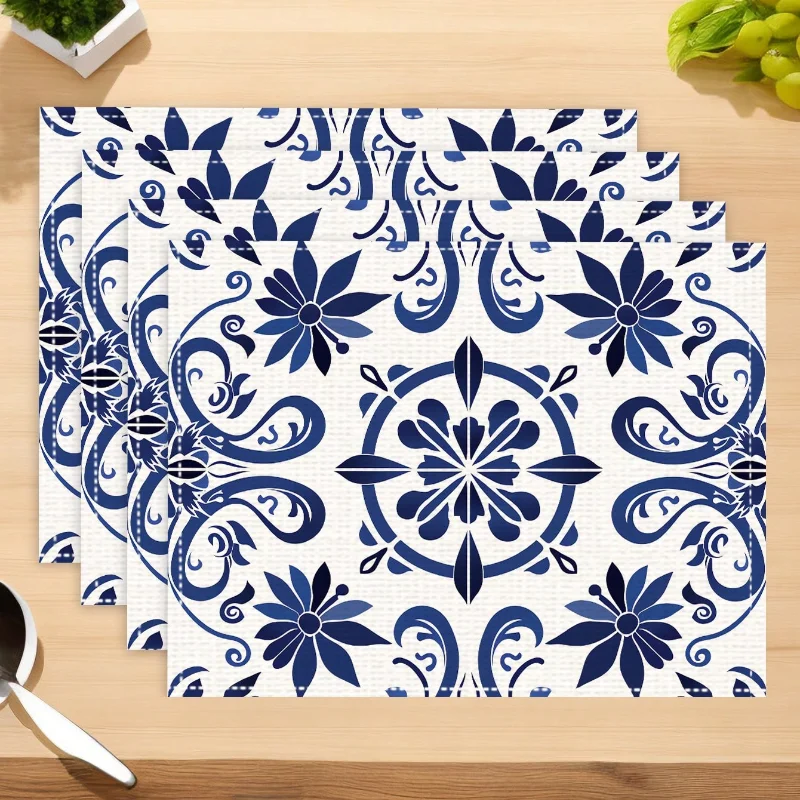 4pcs Blue And White Ceramic Style Geometric Bohemian Placemat Table Runner Set For Coffee Mug Bowl And Plates Decor