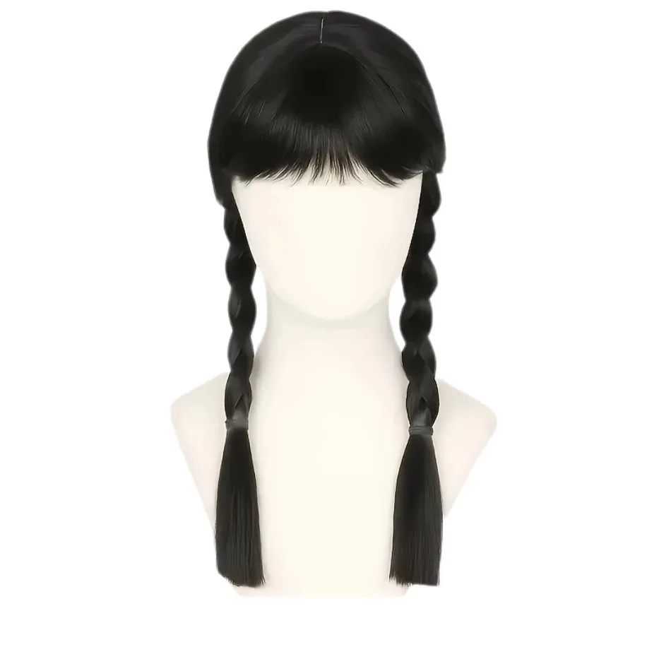 Halloween Spot Adams Family Wednesday Cos Wig High Temperature Silk Full Head Cover Black Double Braids Girls Black Braided Wig