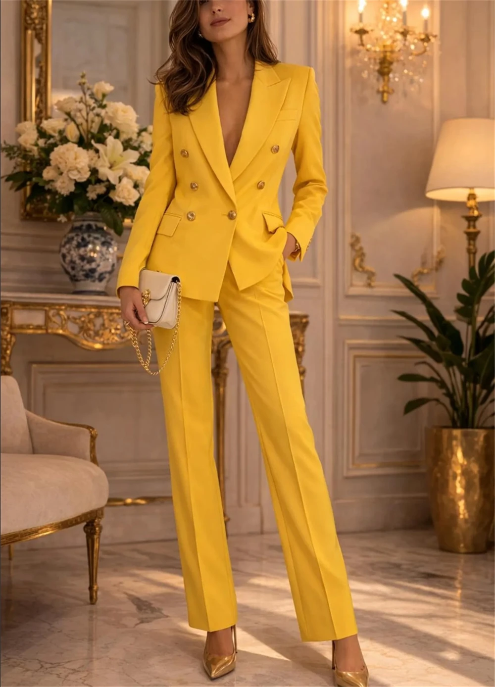 New Women's Suits Double-Breasted Blazer Suit Set 2 Pcs Elegant Formal Wedding Guest Outfit Chic Office Suit (Blazer+Pants)