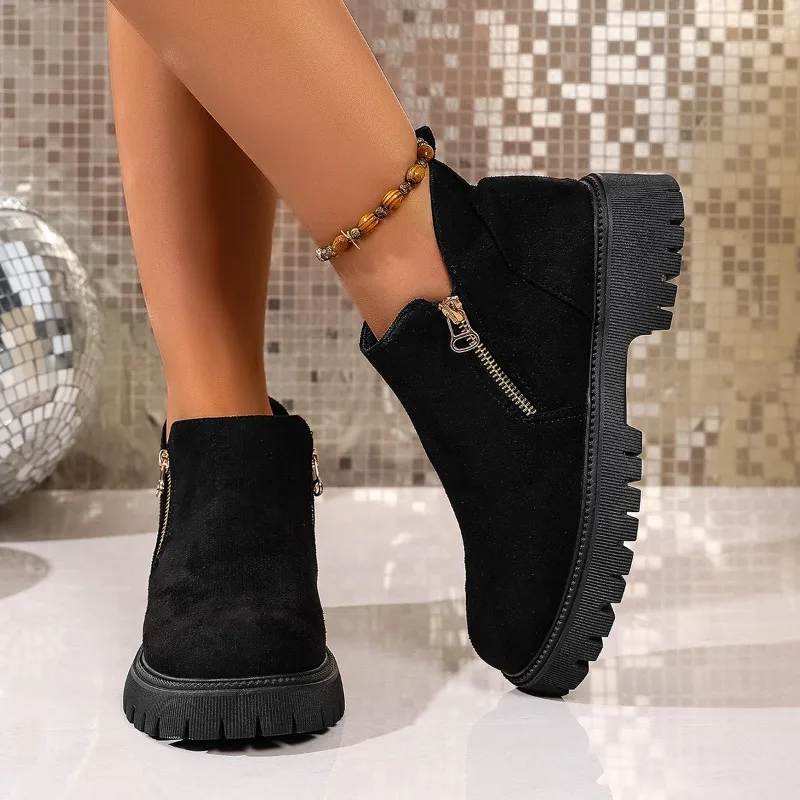 Stylish Side Zip Platform Single Shoes Autumn New Round Toe Suede Anti-slip Wear-resistant Short-thigh Boots