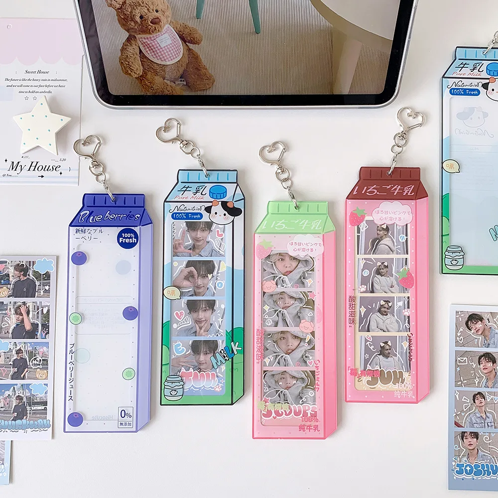 Kpop Fashion Milk Bottle 4-Grid Card Holder Cute Girls Idol Photo Storage Card Bag Pendant Decoration Keychain Gifts