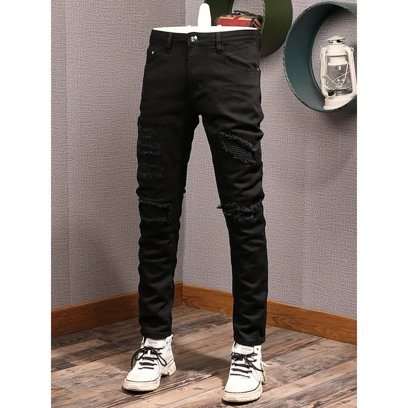 

2026 new high American style white jeans for men's street fashion, fake hole patch, slim fit small leg pants