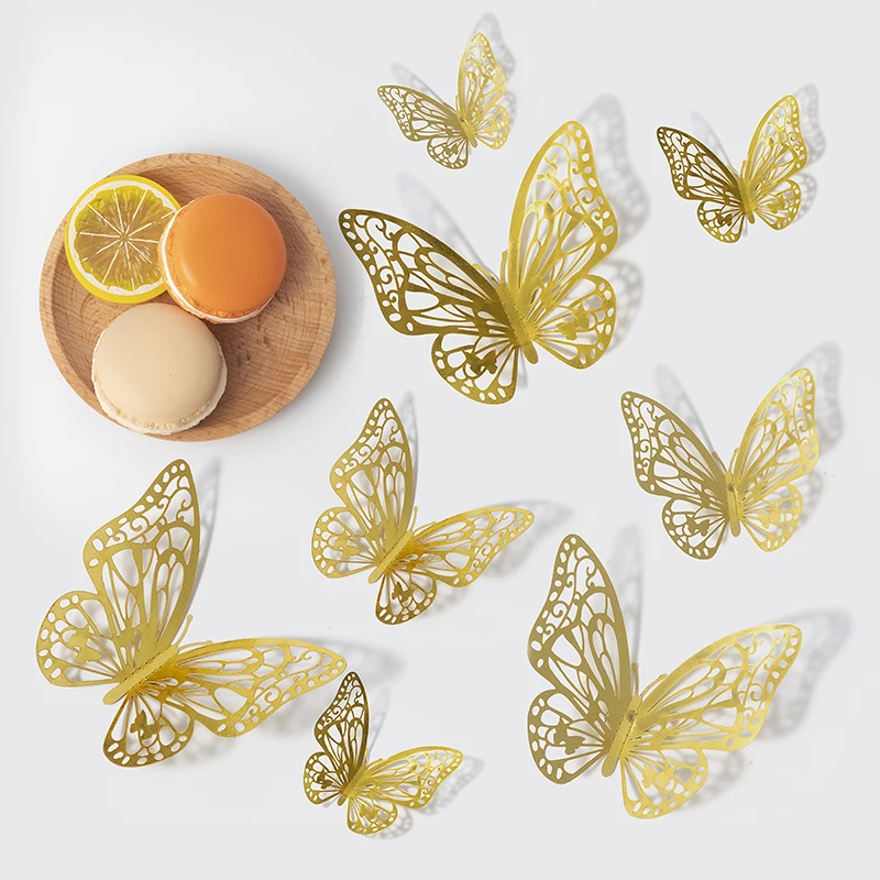 12pcs Wall Stickers Elegant Hollow Rose Gold Butterfly Stickers Removable Stickers for Room