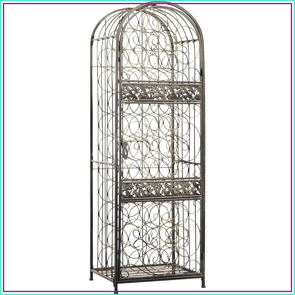 45 Bottle Wrought Iron Wine Rack with Lock - Antique Bronze, Floor Standing
