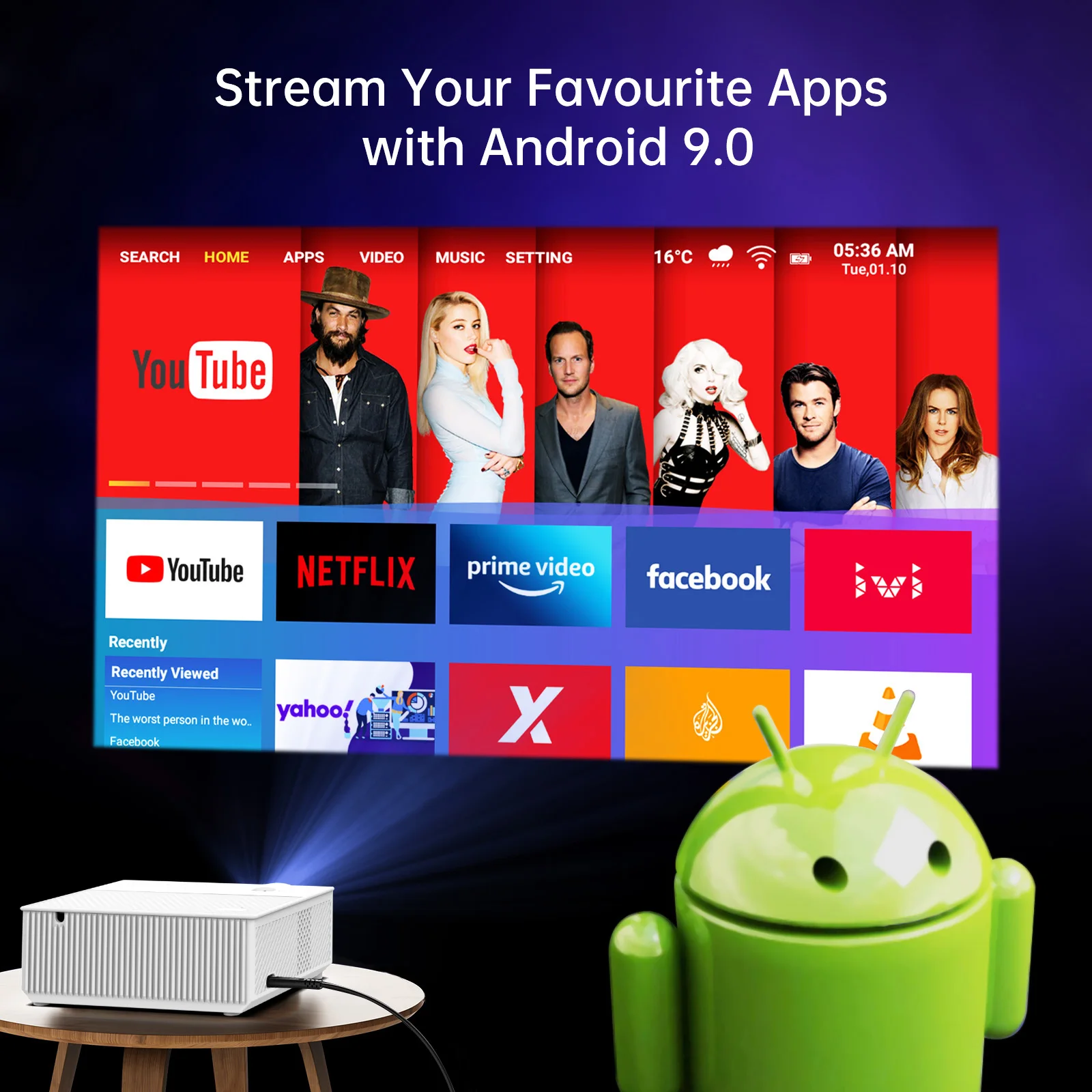 Proyector nativo 1080P con WiFi, proyector doméstico, proyector exterior portátil Full HD 1080P, proyector de películasTV inteligente incorporada