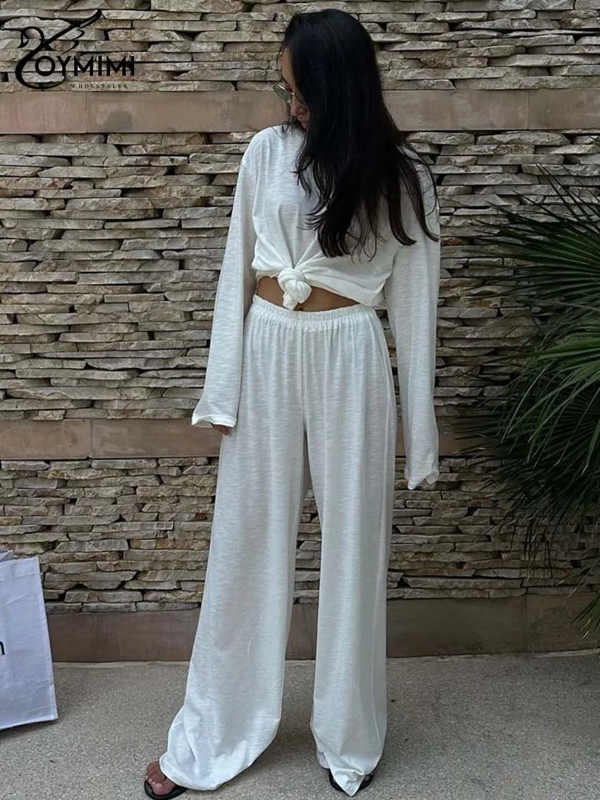 Oymimi casual branco solto duas peças outfits mulher elegante o-pescoço manga longa blusas simples e calças retas de comprimento total conjuntos