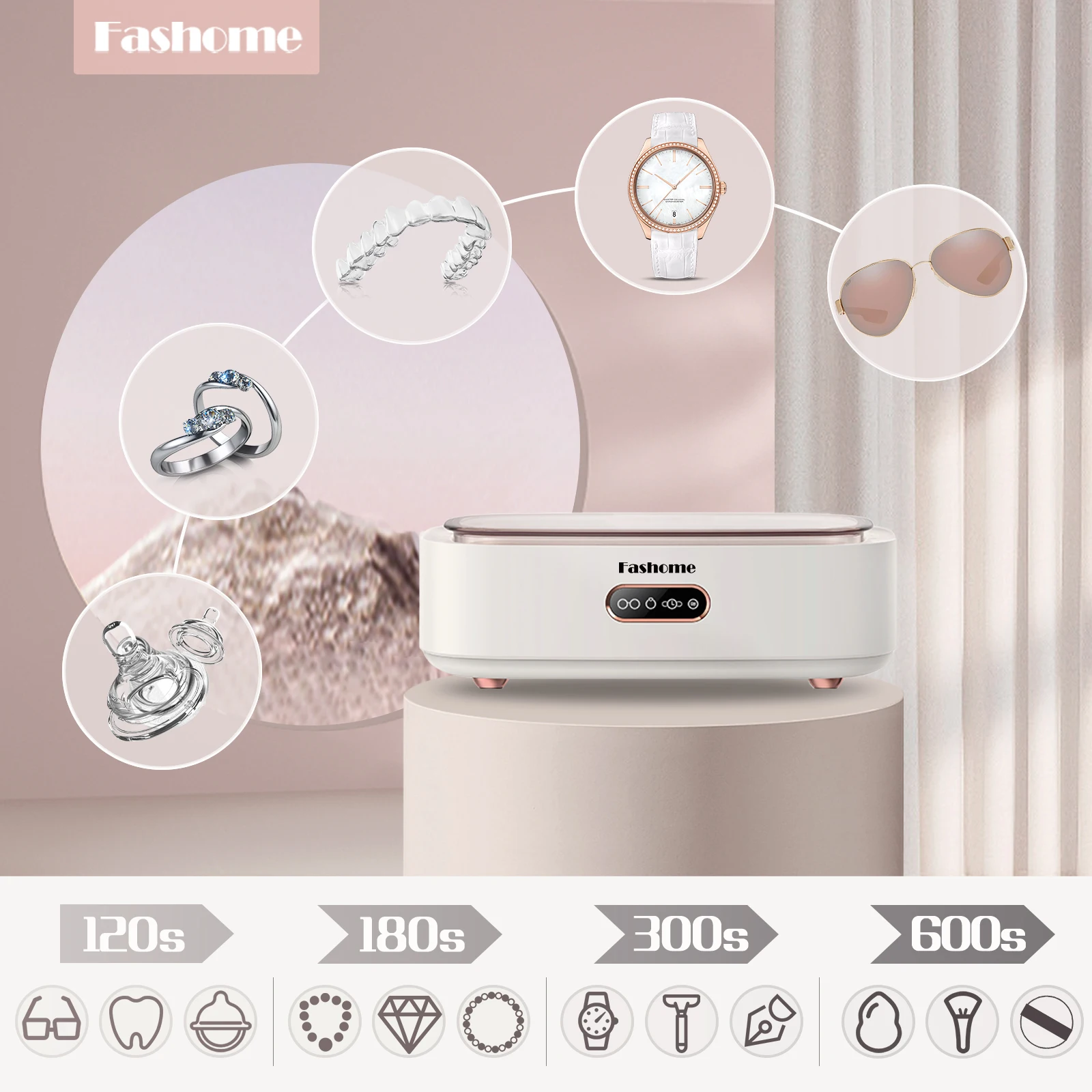 Glasses Jewelry Ultrasonic Cleaner With 3 Power Options Touch Operation 300ML 43kHz High Frequency 360° Deep Cleaning Box