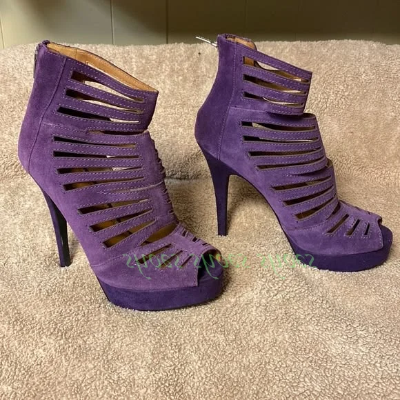 Purple Suede Peep Toe Platform Ankle Sandals Cutout Design Zipper Stiletto High Heel Women Gladiator Party Runway Heeled Booties