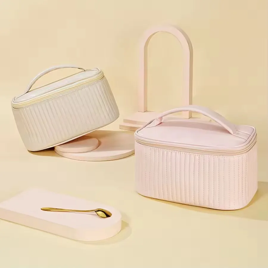 Makeup Bags For Women Travel Toiletry Cute Cases Bag Portable Solid Color Makeup Organizer Box Cosmetic Bag Neceser PU Leather