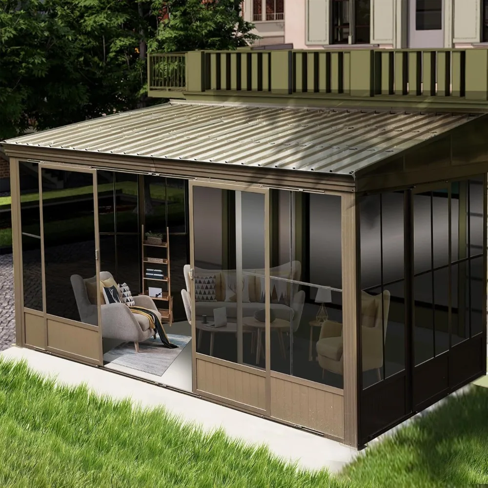 

10 'x 12' sunroom,all season wall mounted pavilion sunroom with front door, side door, galvanized steel sloping roof, PVC screen