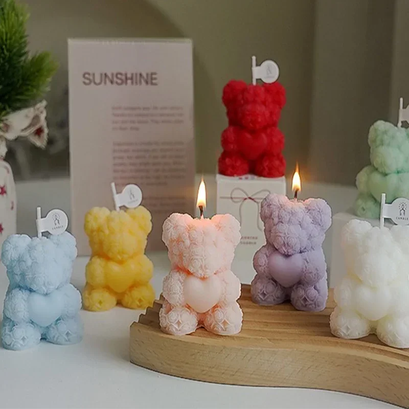 Cute Rose Bear Candle Romantic Cute Soy Wax Aromatherapy Small Scented Relaxing Birthday Wedding Party Gift Home Decor