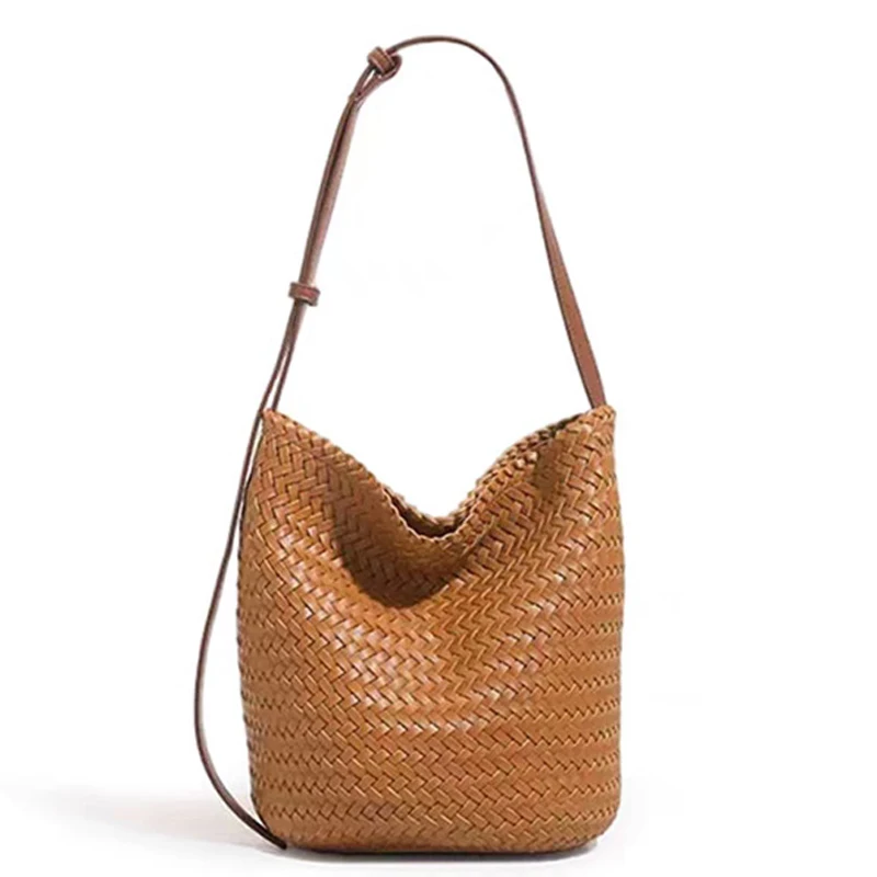 

2025 New Handmade Woven Cowhide Bag Niche Vacation Style Bucket Bag for Women Genuine Leather Casual Shoulder Crossbody Bag