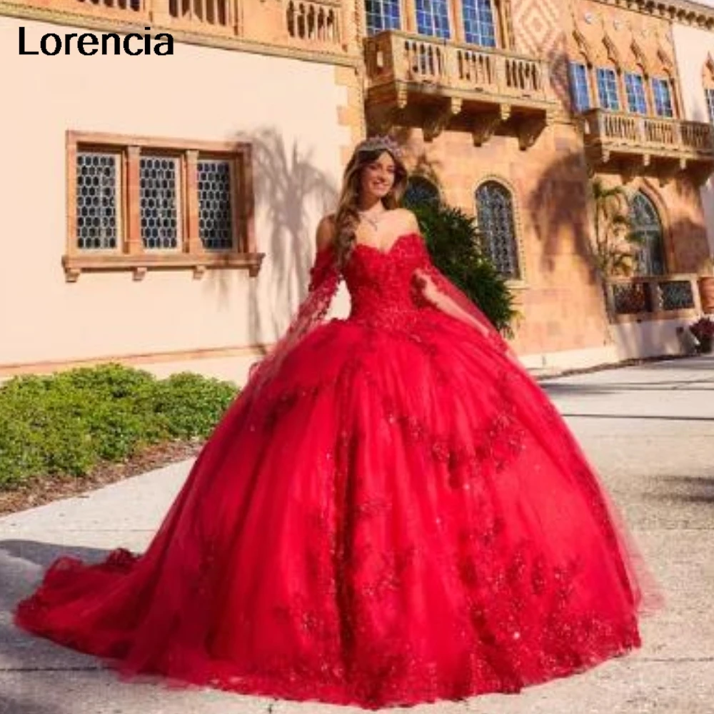 Lorencia ชุดเดรสแวววาวสีม่วงชุดไปงานเต้นรำลูกไม้ applique ลูกปัดกับเคปรัดตัวหวาน16 vestidos de 15 años YQD979