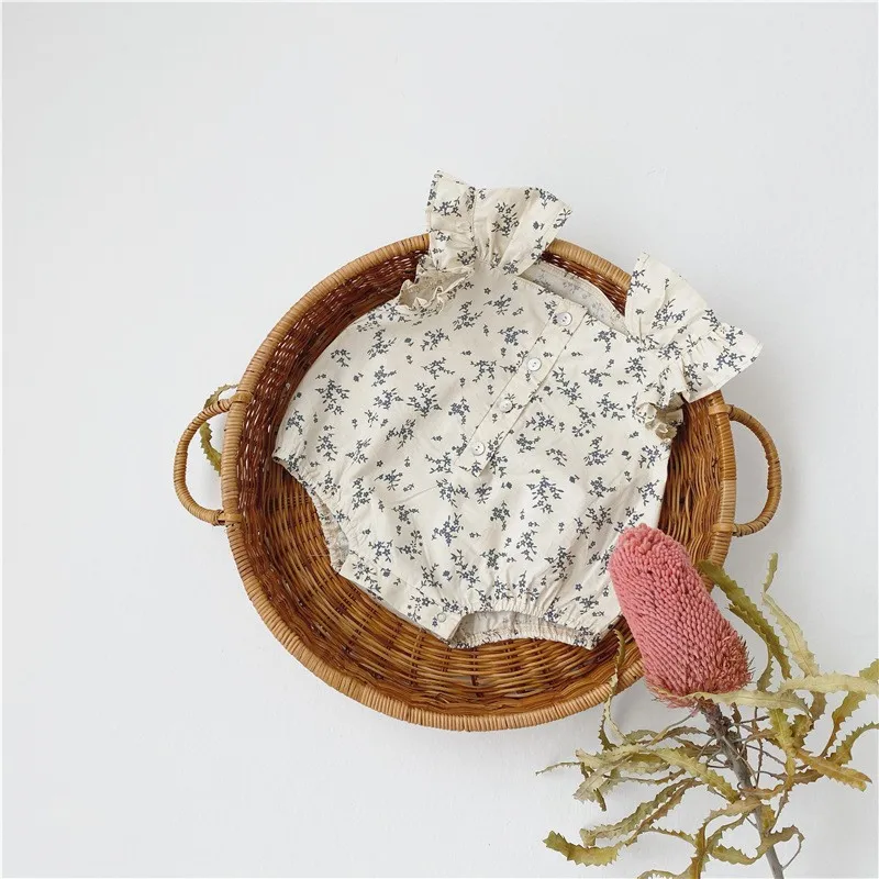 HY2263 Summer Baby Girl Romper Floral Print Square Collar Fly Sleeve Onesie Korean Fashion Infant Crawling Suit Bottom Cover