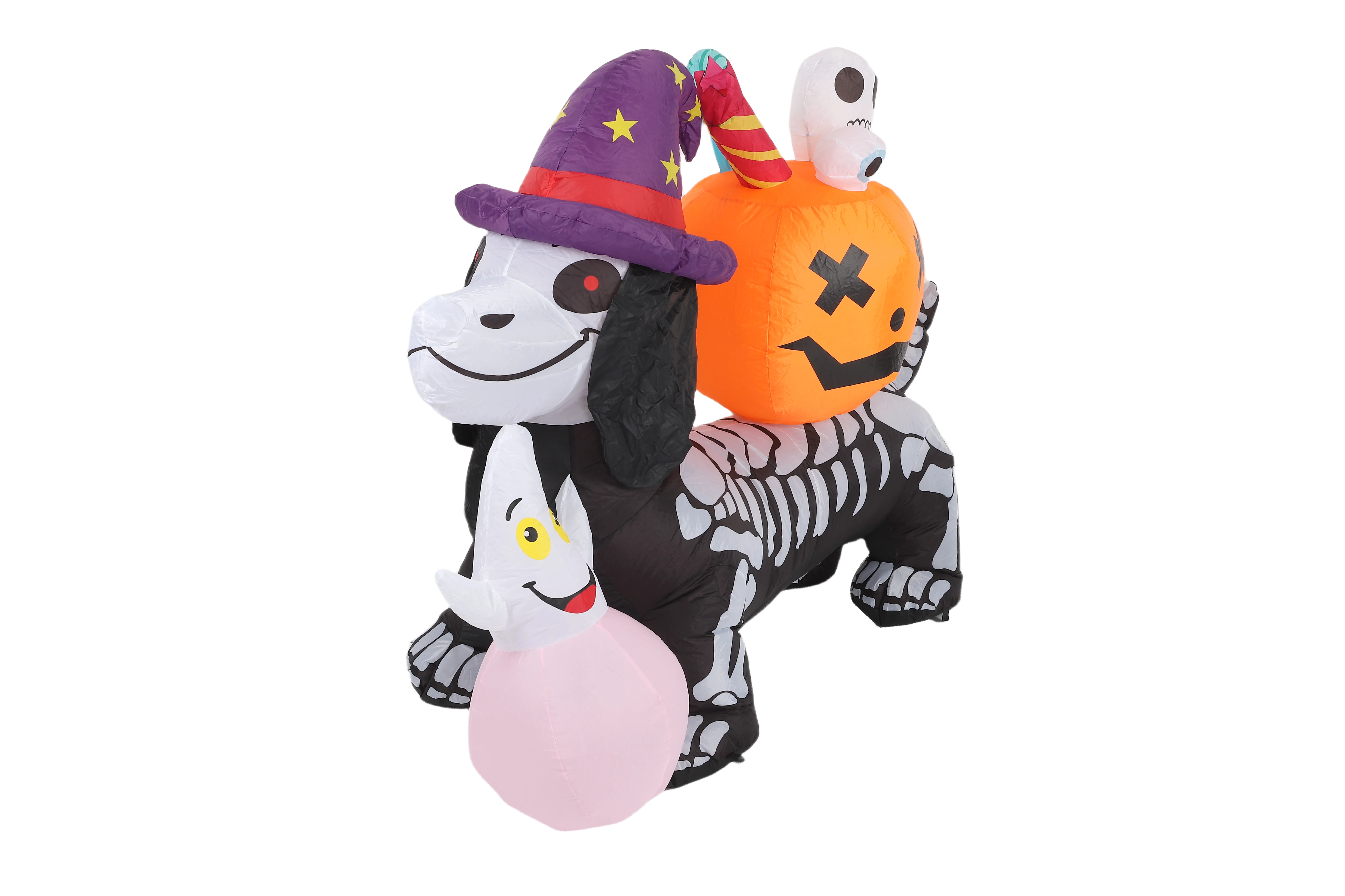 5ft / 1.5m Halloween Inflatable Skeleton Dog with Witch Hat, Pumpkin & Ghost, LED Light Up Yard Decoration 5
