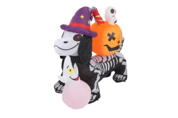 5ft / 1.5m Halloween Inflatable Skeleton Dog with Witch Hat, Pumpkin & Ghost, LED Light Up Yard Decoration 5