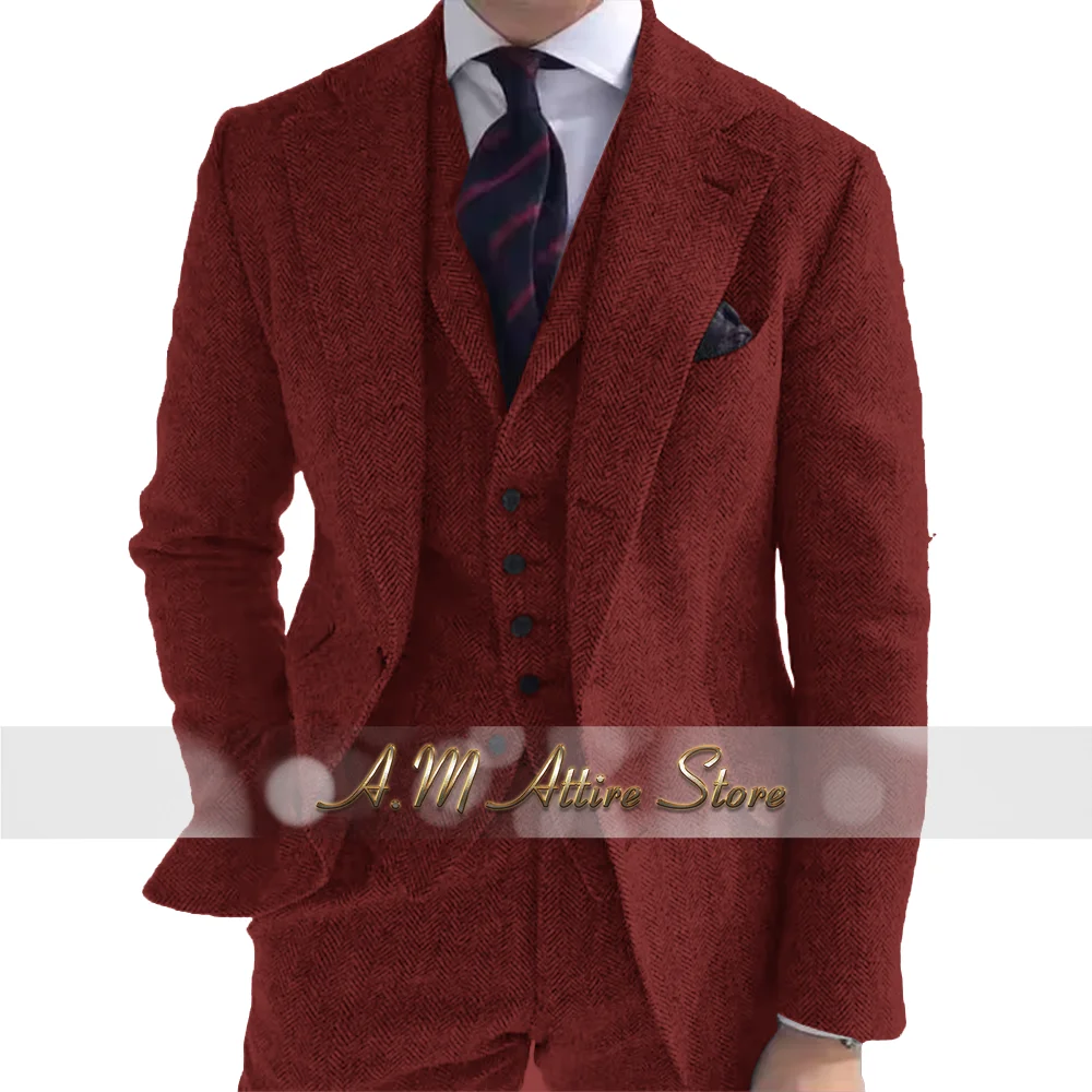 Men's Gray Vintage Herringbone 3-Piece Suit - close-up view