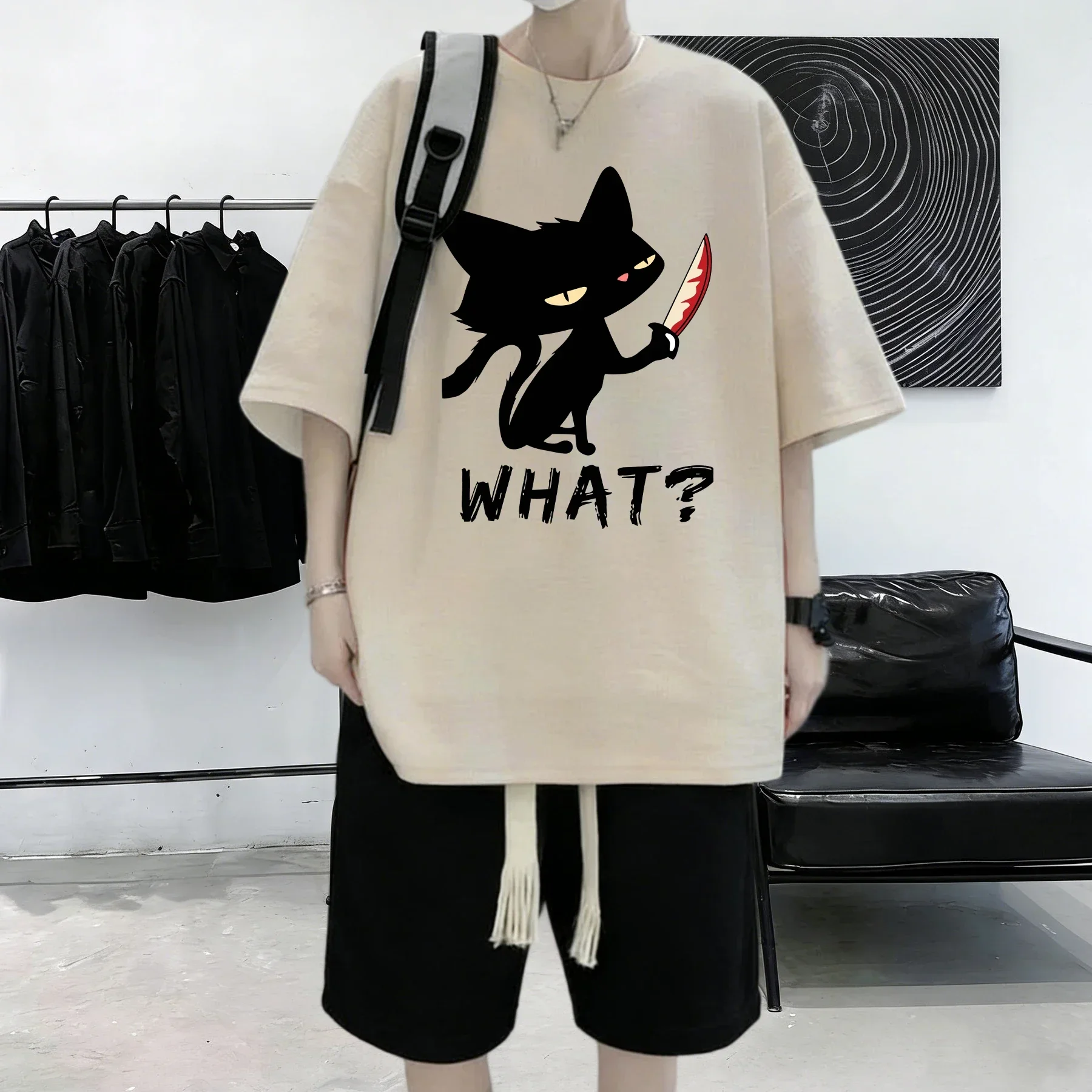 What The Cat With A Knife Prints Street T Shirt Man Casual O-Neck Short Sleeve Cotton Summer Clothes Fashion Loose T-Shirts