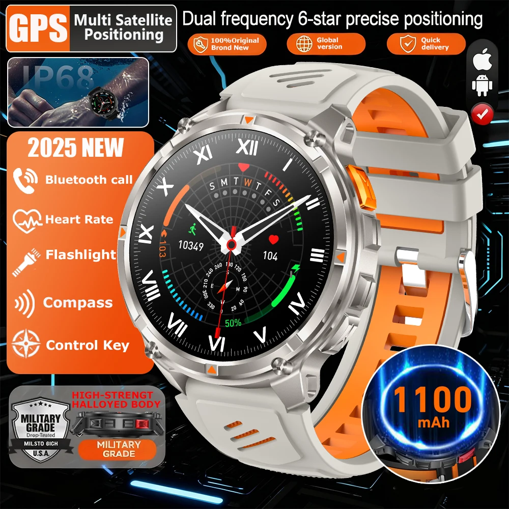 

GPS Outdoor Sports Smartwatches 1100mAh Large Battery LED Light Compass 3ATM Waterproof Bluetooth Call Smart Watch 2025 New