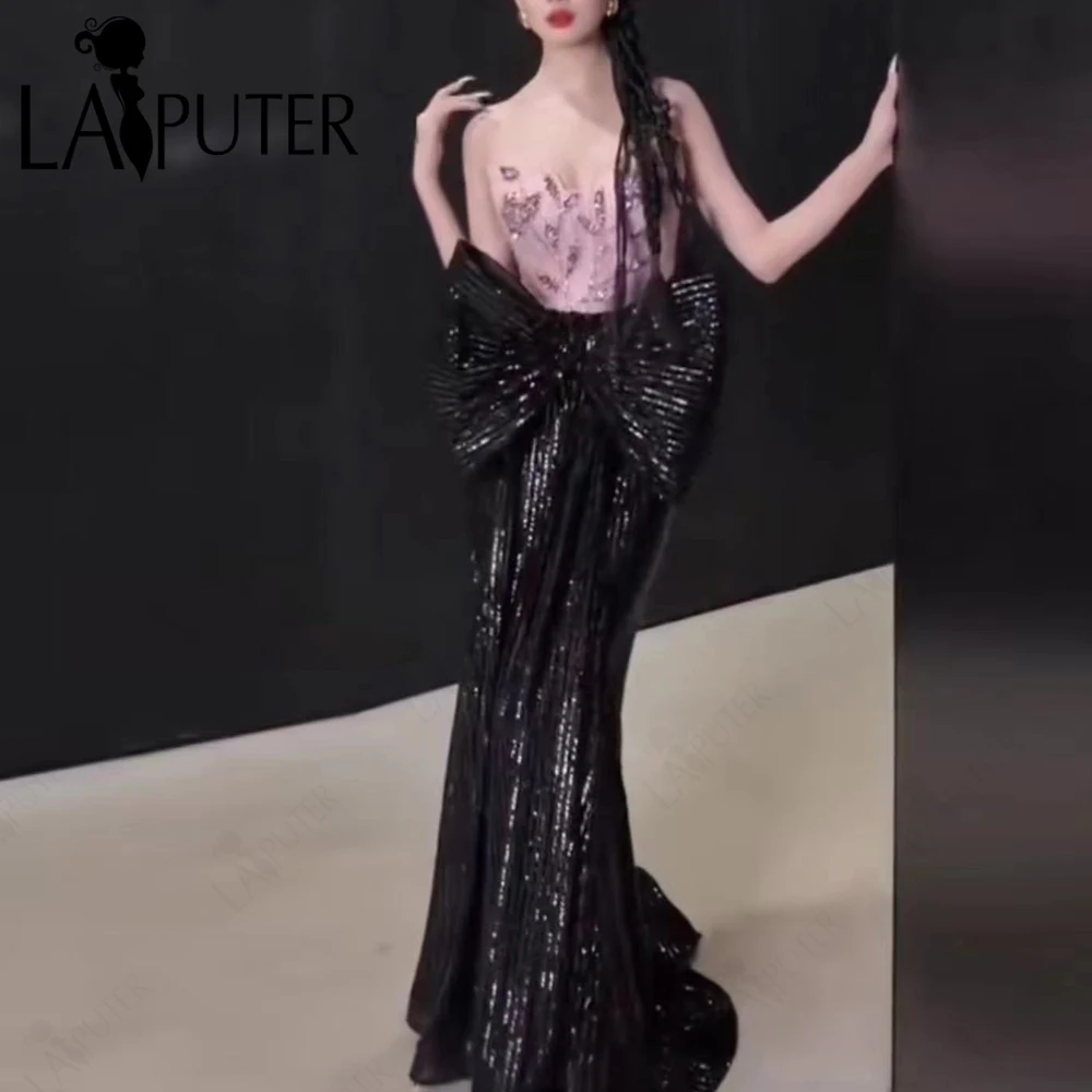 

Розовые, черные платья русалки для выпускного вечера с бантом и блестками, вечернее платье русалки с бисером, иллюзорный лиф, элегантное женское платье знаменитости