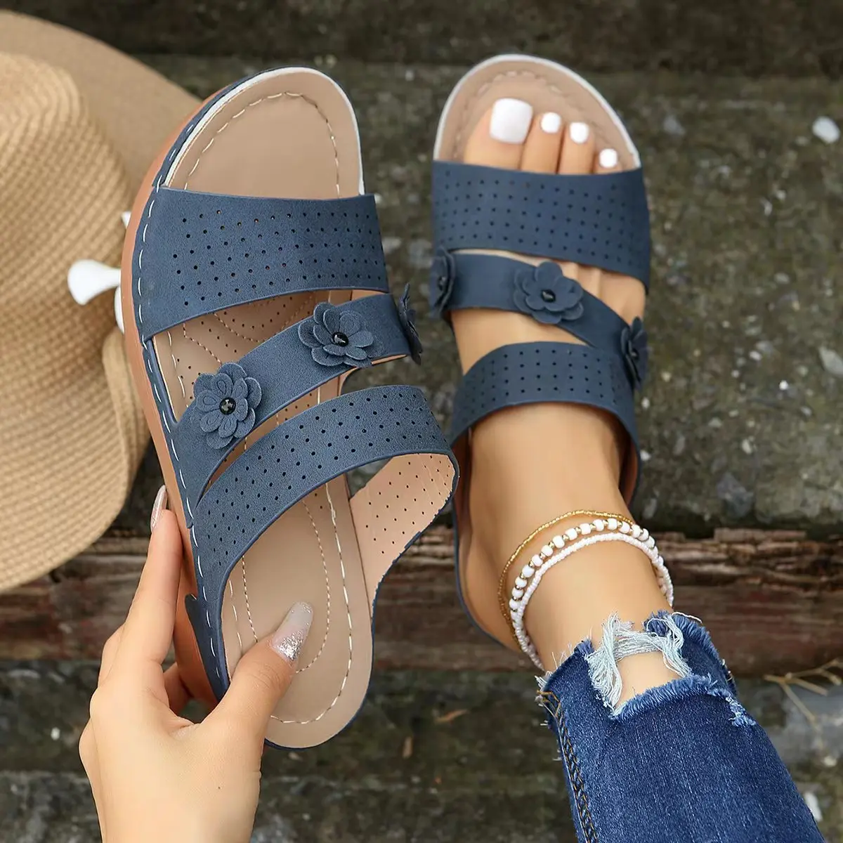 Zomer Dames Sleehak Sandalen Premium Orthopedische Open Teen Slippers Vintage Antislip Lederen Casual Vrouwelijke Platform Retro Schoenen