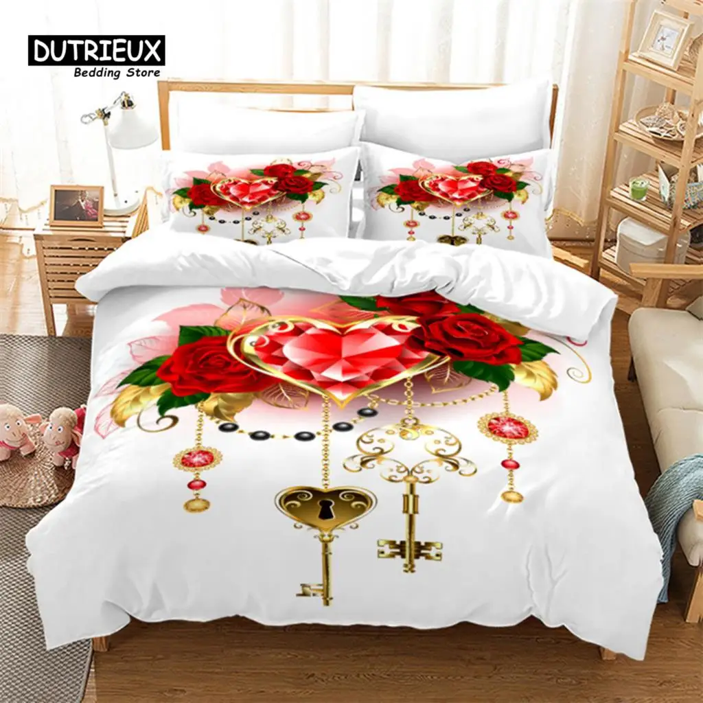 Romantic Rose Floral Duvet Cover With Pillowcases Flowers Print Bedding Set Queen For Valentine's Day Adults Girls Teens Decor
