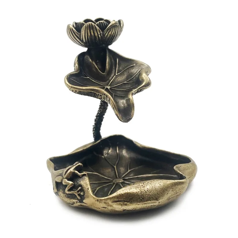 1pc Antique Brass Lotus Leaf Backflow Incense Burner Decorations Solid Pure Copper Frog Lotus Pond Ornaments Tea Pets