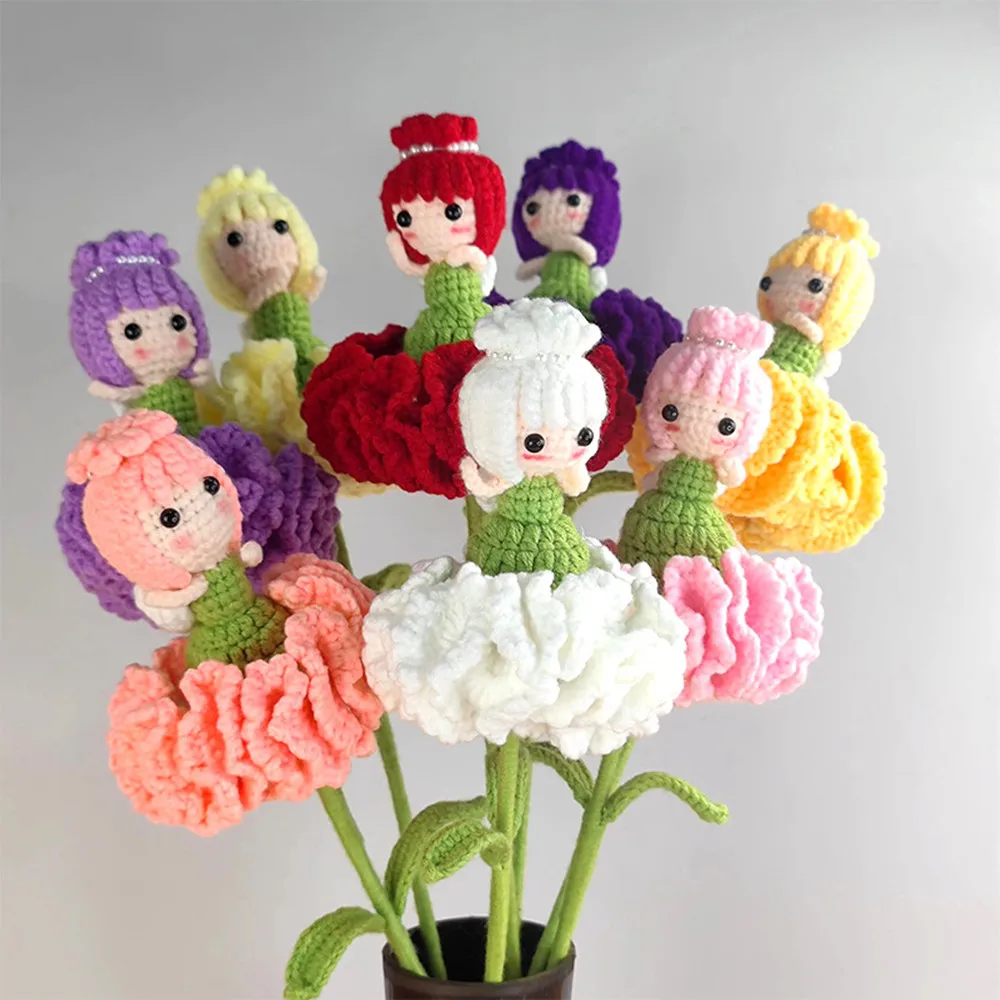 Ramo de Flores de Ganchillo Hecho a Mano, Carnation de Punto, Princesa Amigurumi, Flor de Hilo Eterna para Decoración del Hogar, Regalos para el Día de la Madre