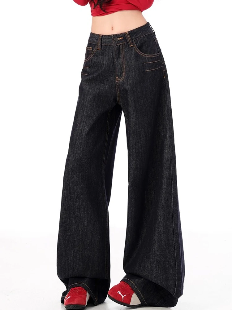 Y2K جينز فضفاض عالي الخصر للنساء تصميم فتاة حار للخريف بتصميم أنبوب مستقيم معلق على الأرض بنطال ذو قصة أرجل واسعة #3
