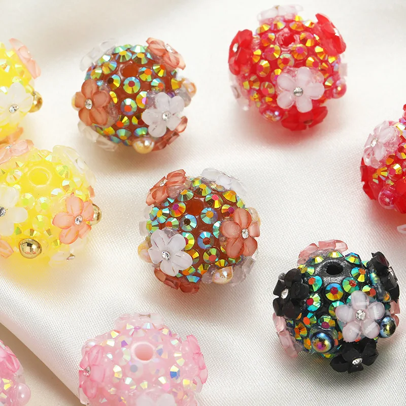 Fresh New AB Colors Crystal Rhinestones Paved Round Gumball Bubblegum Jewelry Beads With Acrylic Flowers Fit Pen DIY 16mm 15pcs