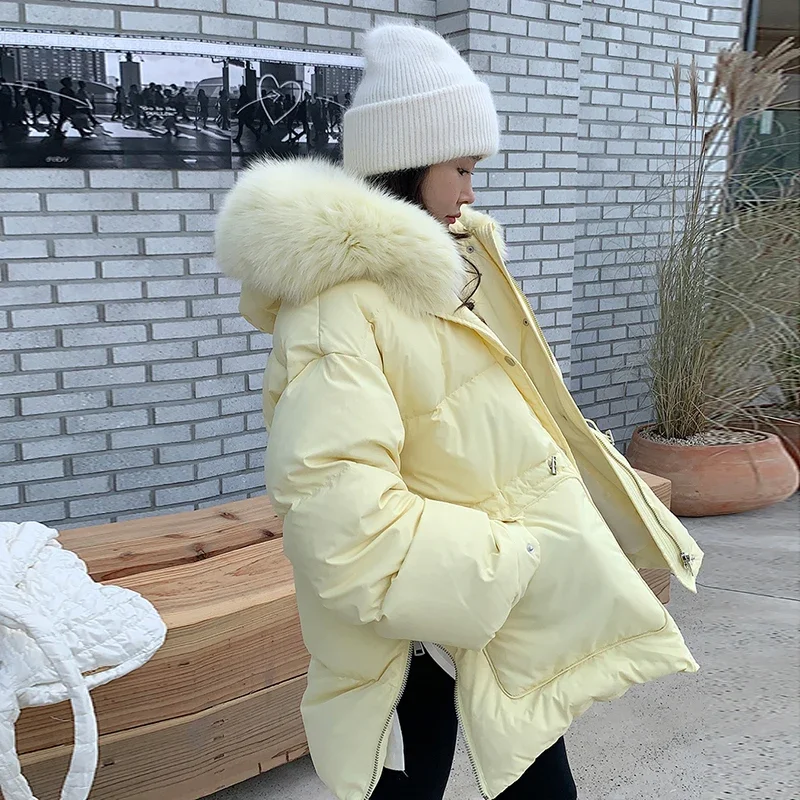 2024 Women\'s Winter Fashion Solid Color Hooded Jackets Female White Duck Down Coats Ladies Fur Collar Thick Warm Outerwear Q708