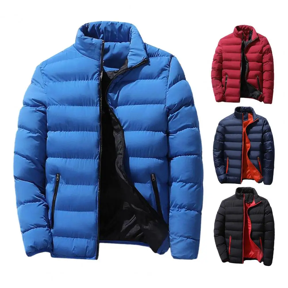 

Men Coat Cotton Padded Thick Solid Color Zipper Closure Stand Collar Long Sleeve Windproof Warm Jackets for men chaquetas hombre