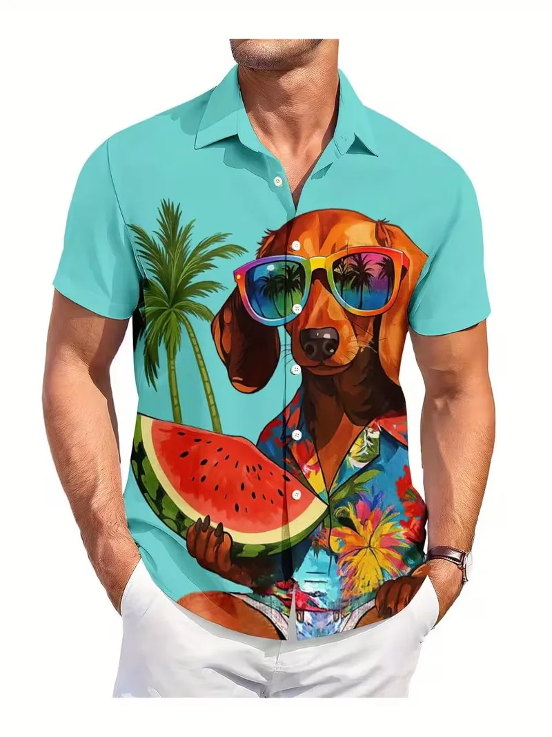 

Men's Funny Pug Surfing Print Hawaiian Shirt Short Sleeve Cartoon Dog Graphic Button Down Beach Shirt For Vacation Party