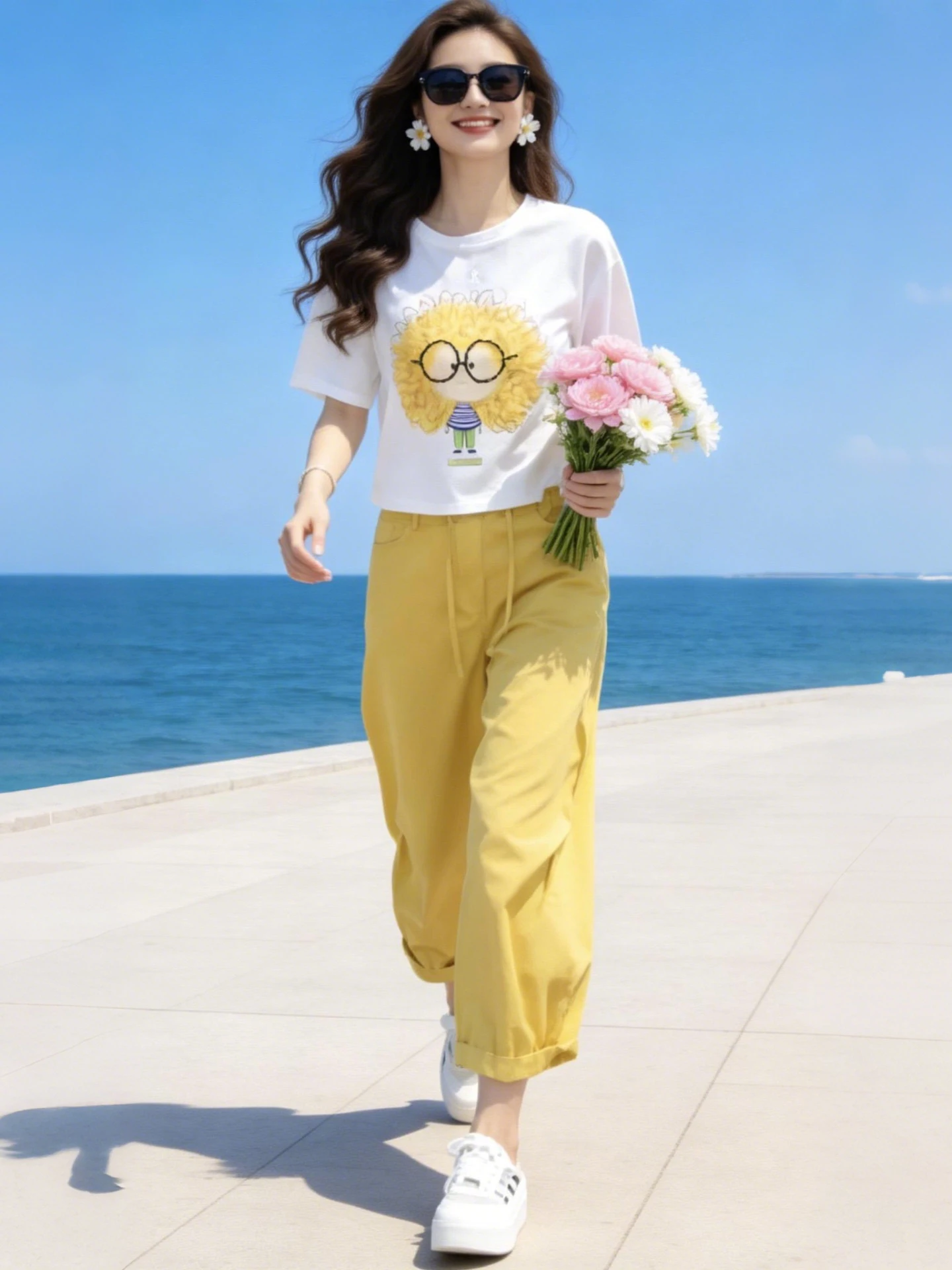 

Summer 2026 Women's Printed ort Sve T-irt Wide Leg Pants Set Faionable Casual Wear Comfortable mid High Waist