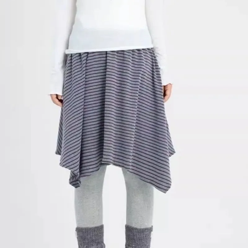 Women American Striped Irregular Midi Skirt Elastic Waist Y2K Casual Asymmetrical Half Skirt