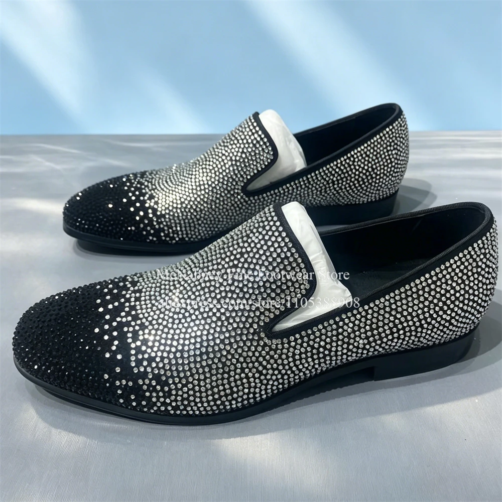 Gradient Black Silver Rhinestone Slip on Men Loafers Round Toe Bling Luxury Wedding Business Plus Size Men Formal Dress Shoes