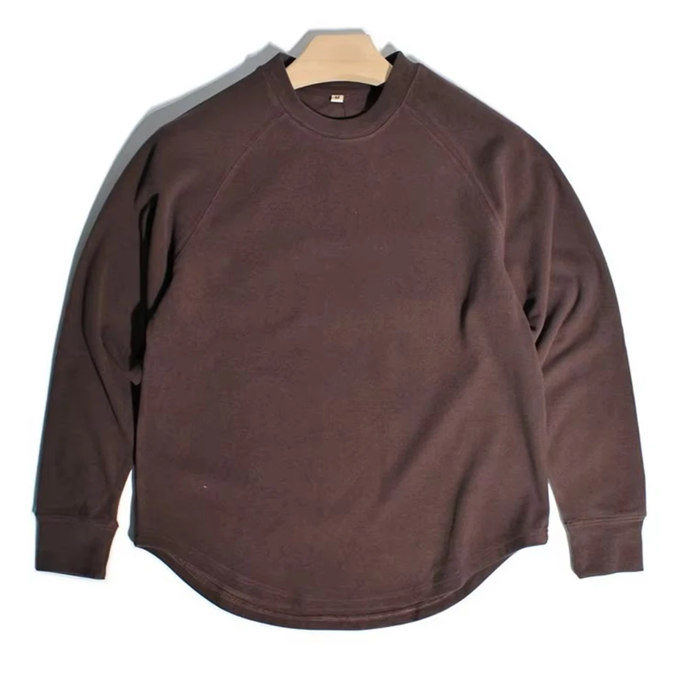 American Retro Double-sided Velvet Loose Curved Hem Warm Base T-Shirts Casual Shoulder Long Sleeved Tees Sweatshirt for Men