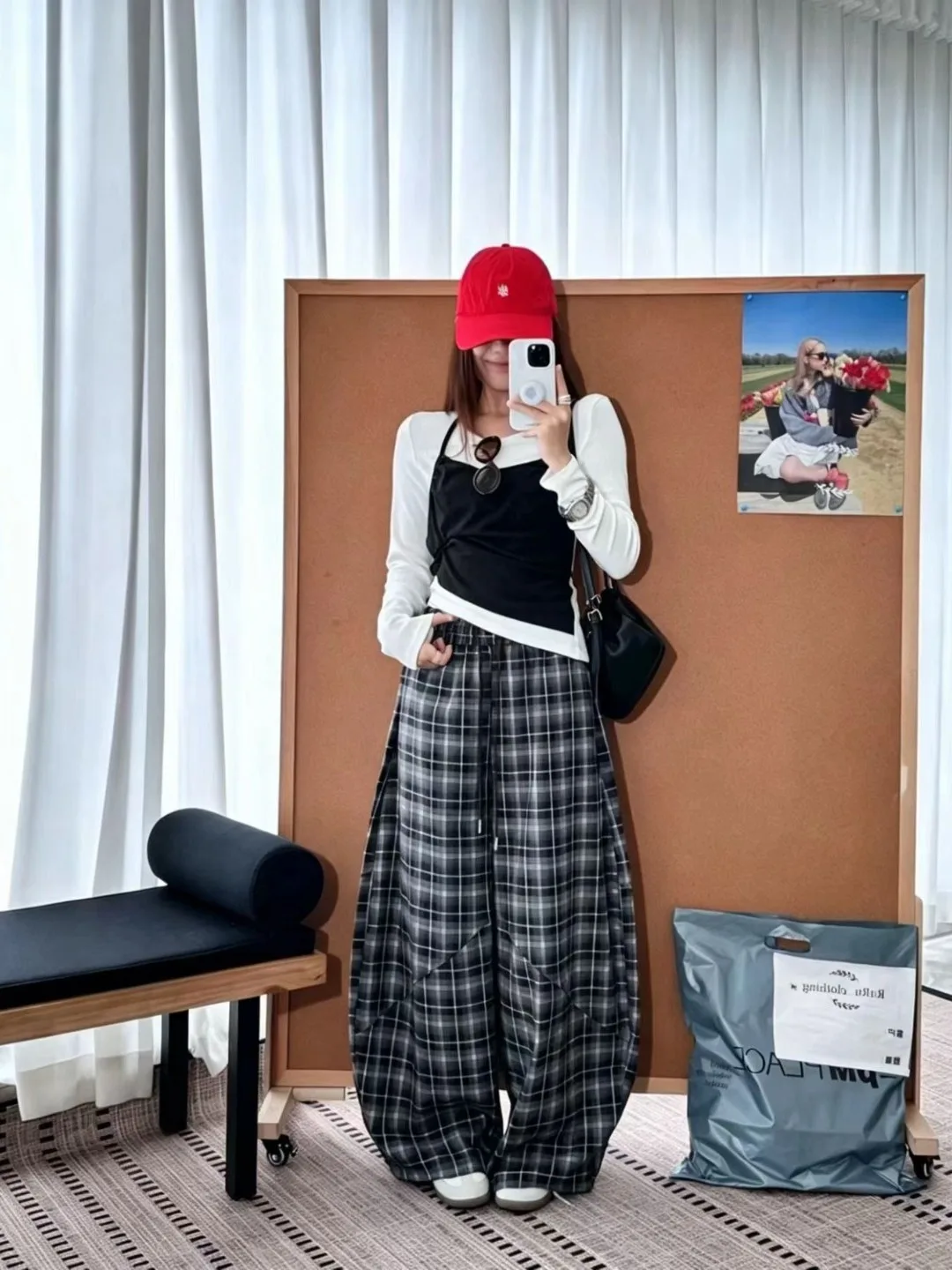 Lazy Style High Waist Wide Leg Pants Women's Spring Autumn Plaid Pattern Pocket Detail Cotton Casual Trousers