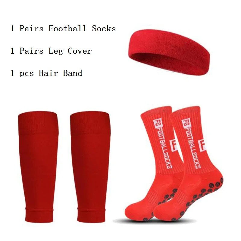 3Pcs Set FS Soccer Socks Anti-Slip Grip Football Socks Men Women Shin Guard Leg Cover Running Yoga Gym Elastic Sport Headband