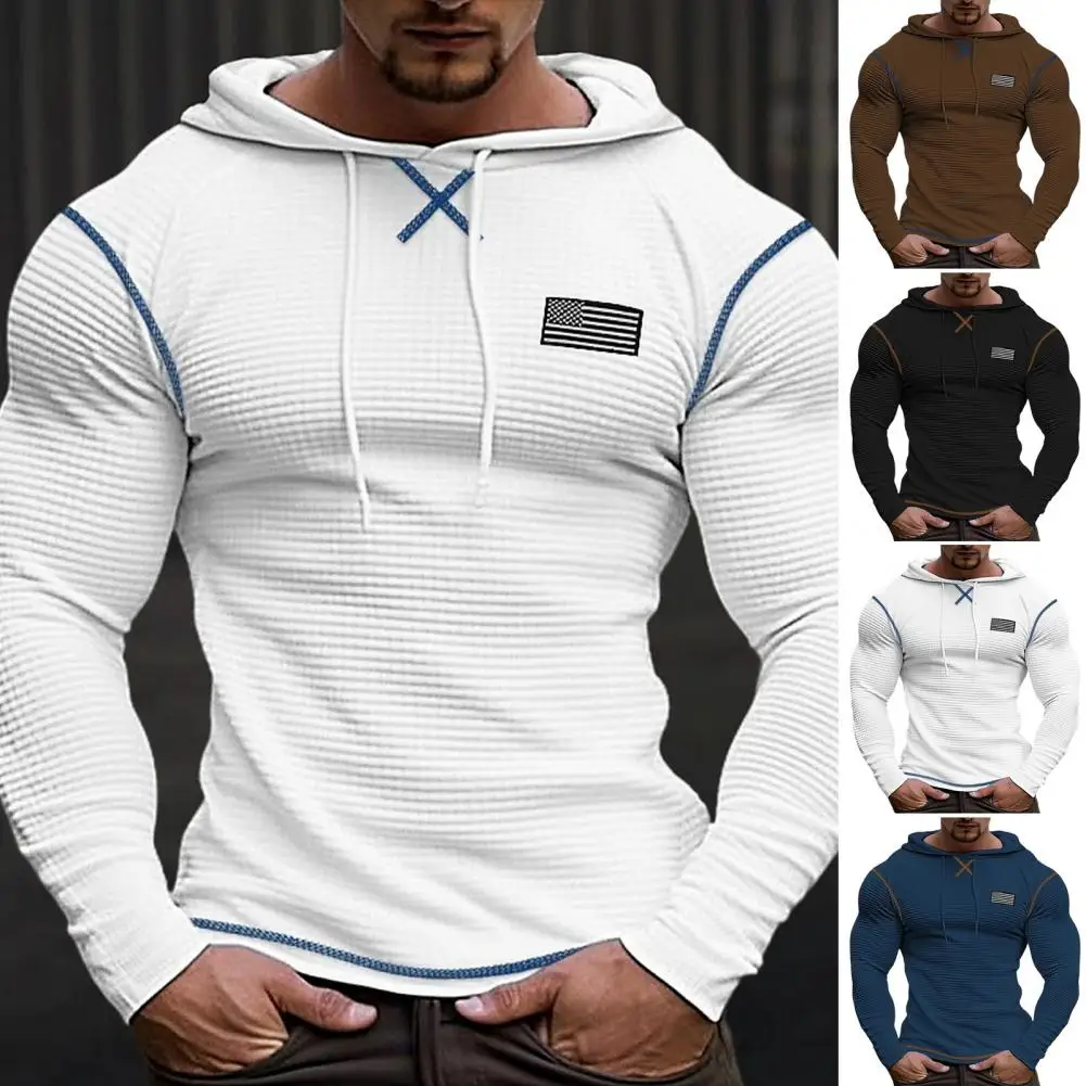 Sudadera con capucha con cordón para hombre, sudadera con textura de gofres, transpirable, decoración de insignia con cordón, Slim Fit, otoño