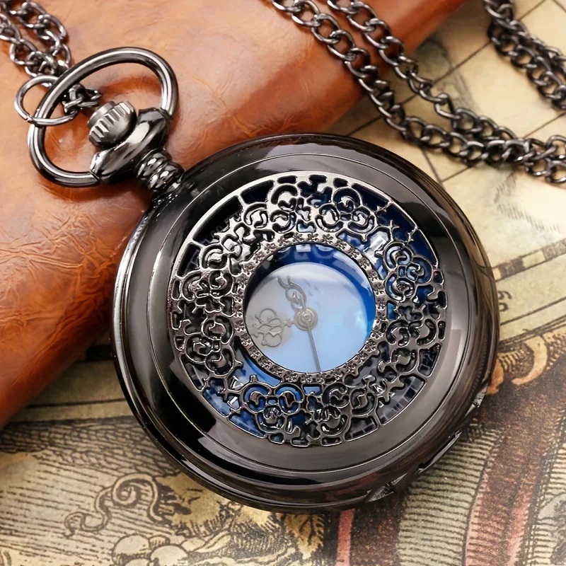 Reloj de bolsillo de cuarzo hueco de bronce con colgante de esfera azul estrellada, reloj Retro de números romanos