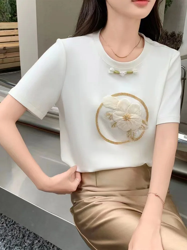 

Ele Embroidered Loose Fit round Ne T-irt Breathable Heavy Du Faionable Korean Sle Women's Summer Top