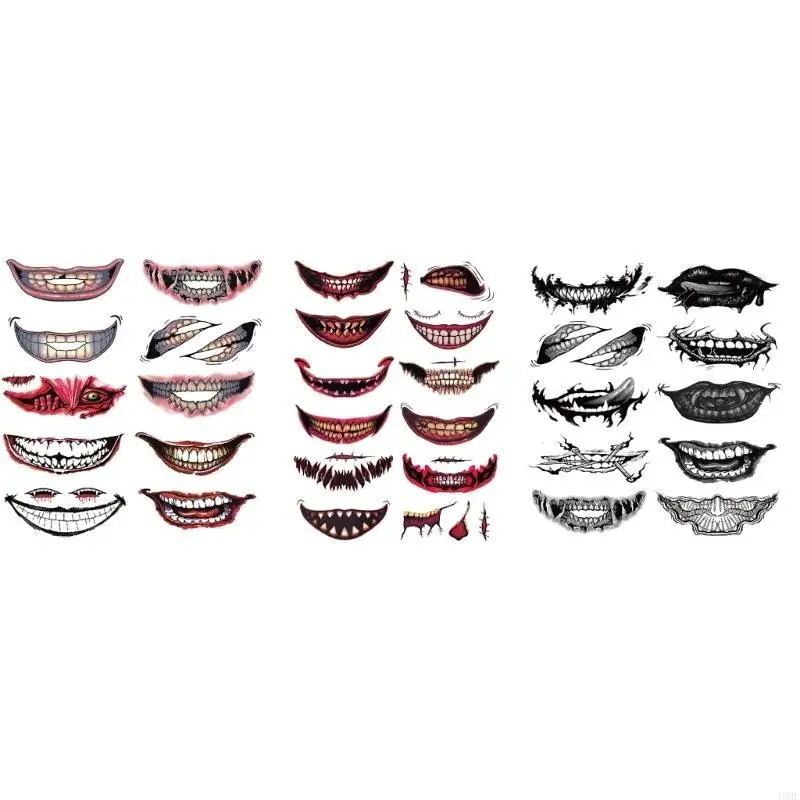 

49MF Realistic Fake Mouth Temporary Tattooed Sticker Set Halloween Prank Makeup Prop