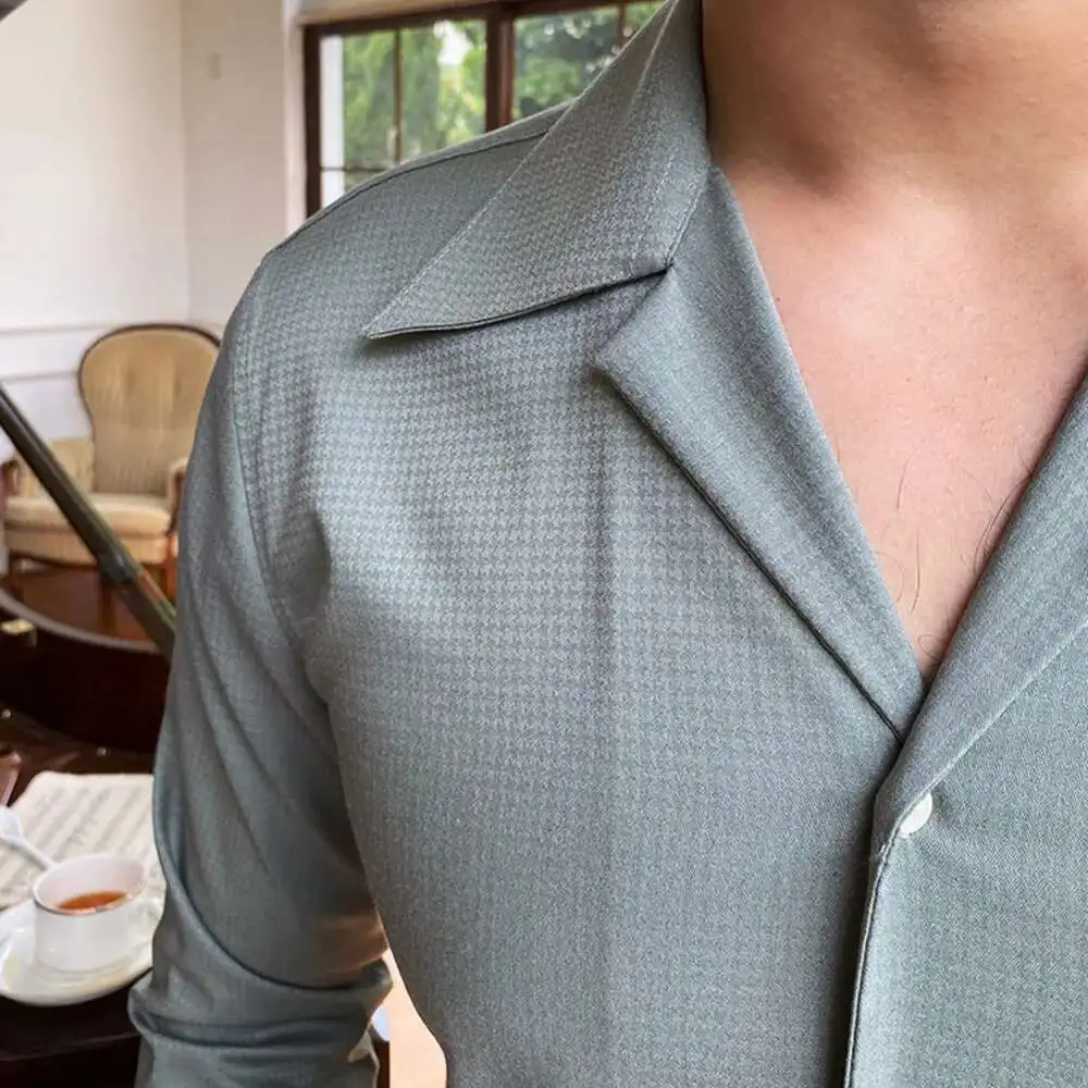 Summer Wrinkle Resistant Bird Check Dark Check Cuban Collar Shirt  Men Business Shirt British Shirt Trend Men Shirt Tuxedo Shirt