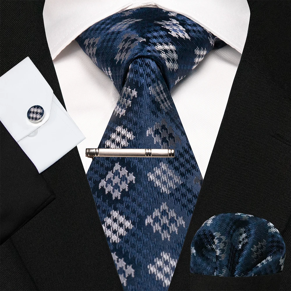 KAMBERFT Marineblau Gestreifte Seidenkrawatte für Herren, Modisches Design, Geschenkset mit Taschentuch und Manschettenknöpfen, Business-Party-Gravata – Detail 31
